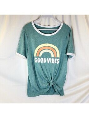 Good Vibes T Shirt Rainbow Teal Large Women’s White Trim L Hippie Boho